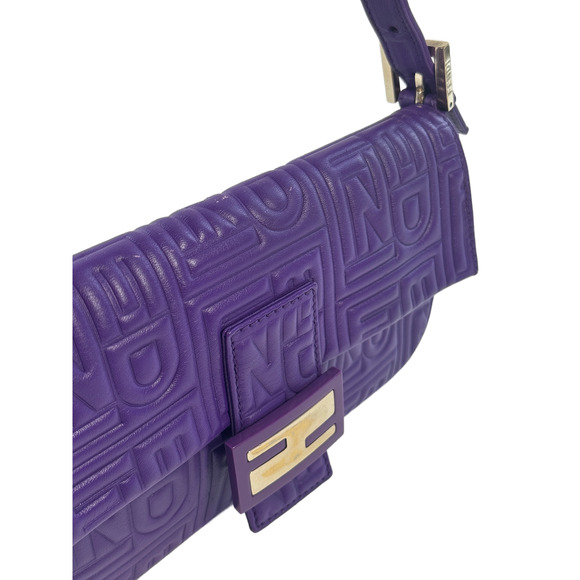 Fendi Purple Nappa Embossed Logo Leather Shoulder Baguette Bag - Picture 5 of 11